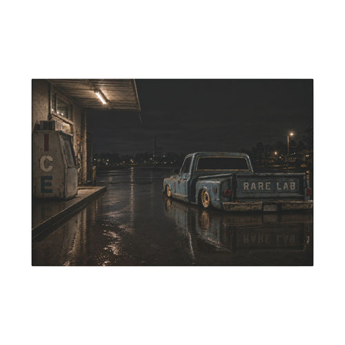 Rare Lab Ice Box canvas: a weathered blue pickup at a rain-slicked, late-night gas stop