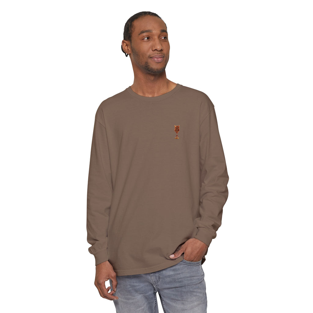 Rare Lab Drip Owl long sleeve tee: Rare Lab owl in glossy amber with an espresso drop, on the left chest