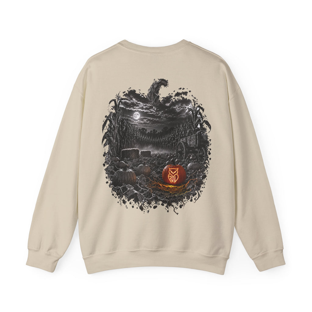 Rare Lab Owl Lantern crewneck sweatshirt: glowing Rare Lab owl jack-o'-lantern on the front, moonlit pumpkin patch scene on the back