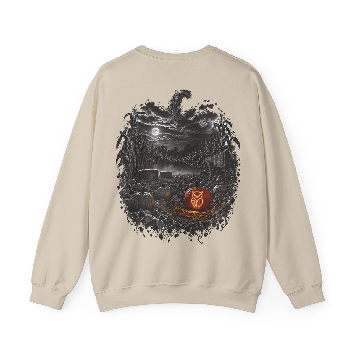 Rare Lab Owl Lantern crewneck sweatshirt: glowing Rare Lab owl jack-o'-lantern on the front, moonlit pumpkin patch scene on the back