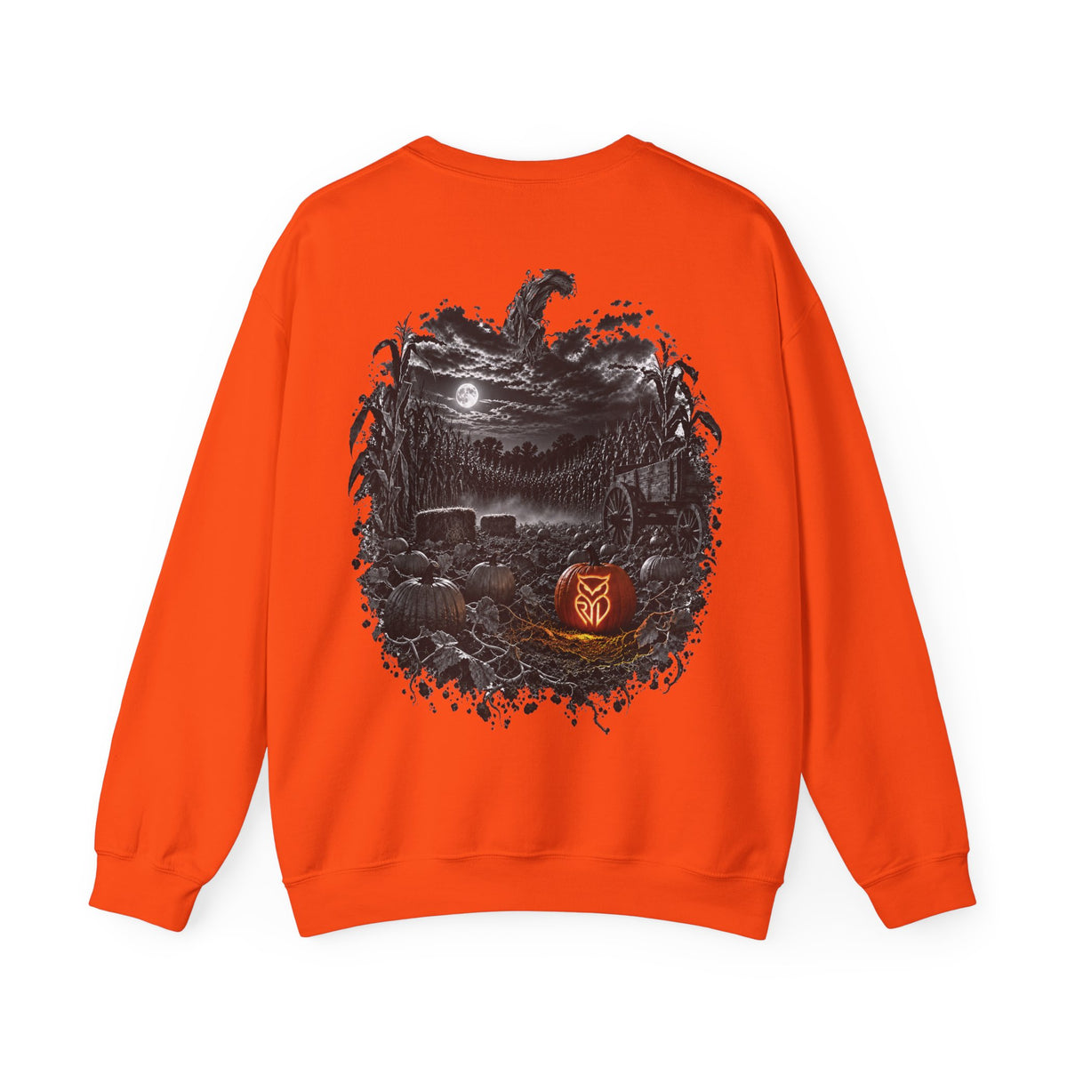 Rare Lab Owl Lantern crewneck sweatshirt: glowing Rare Lab owl jack-o'-lantern on the front, moonlit pumpkin patch scene on the back