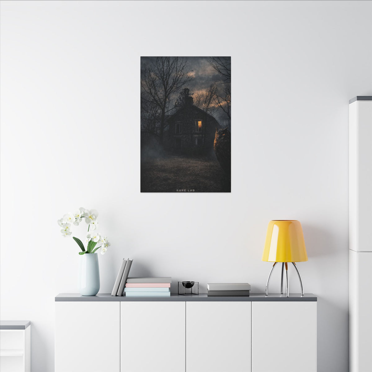Rare Lab Night Watch canvas: a dark house with one warm window, framed by bare trees at night