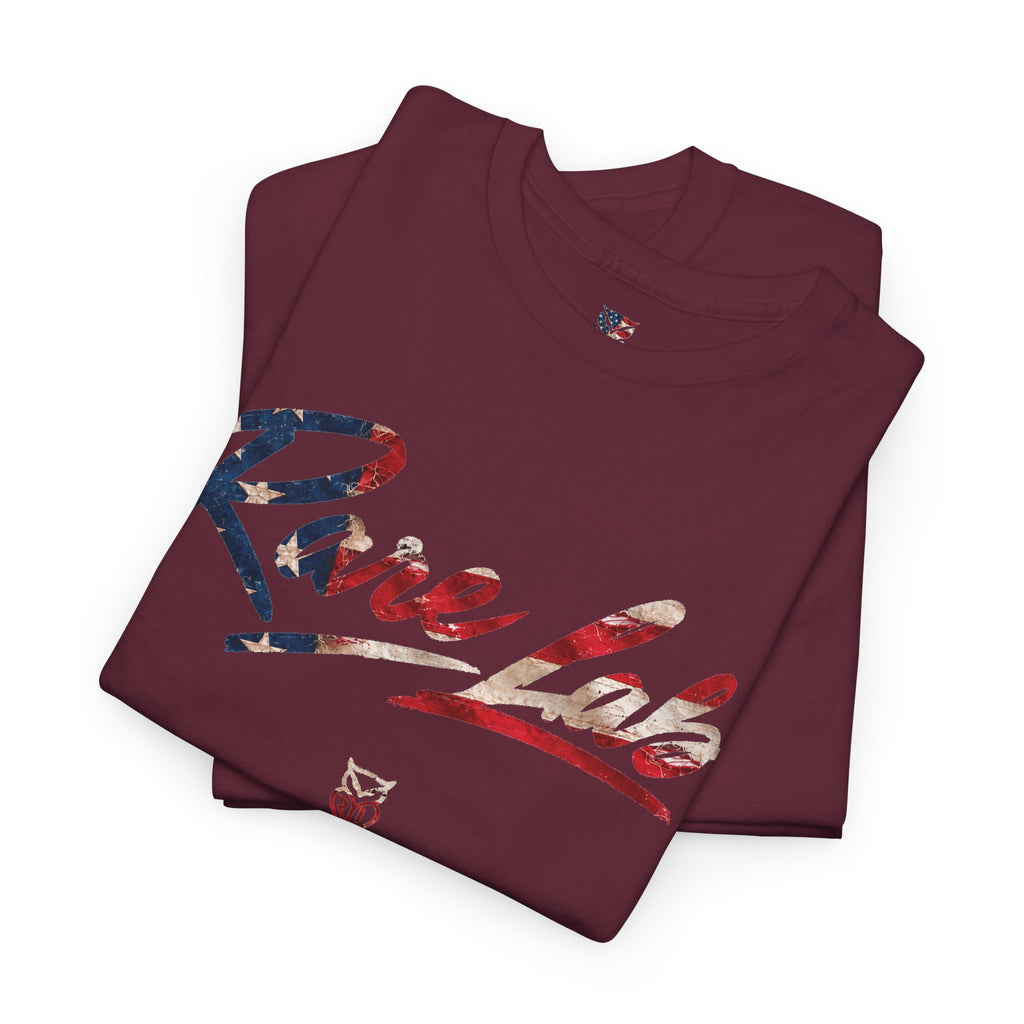 Rare Lab Brush Stroke American Flag tee: faded brush stroke logo in flag colors across the chest