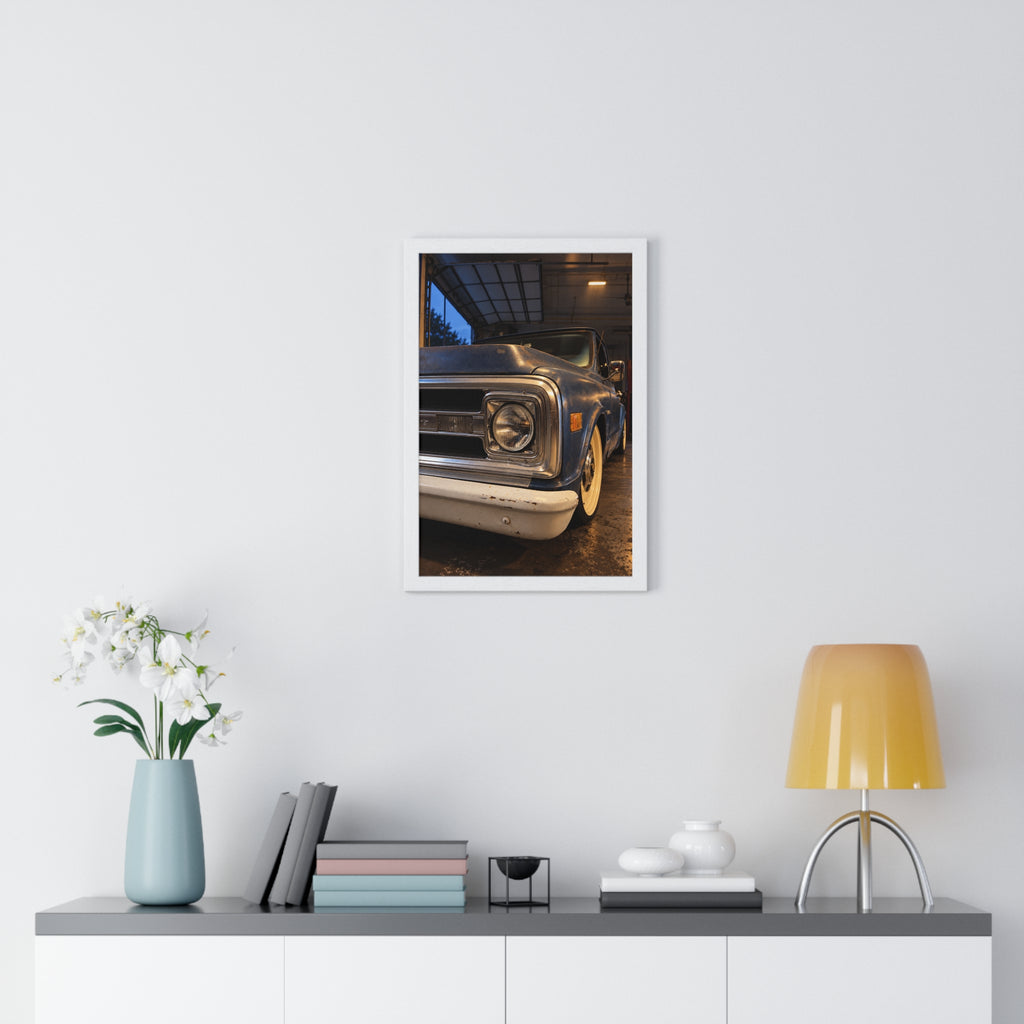 Rare Lab Vintage Blue Truck framed poster: close-up of a classic truck's headlight, bumper and whitewall tire