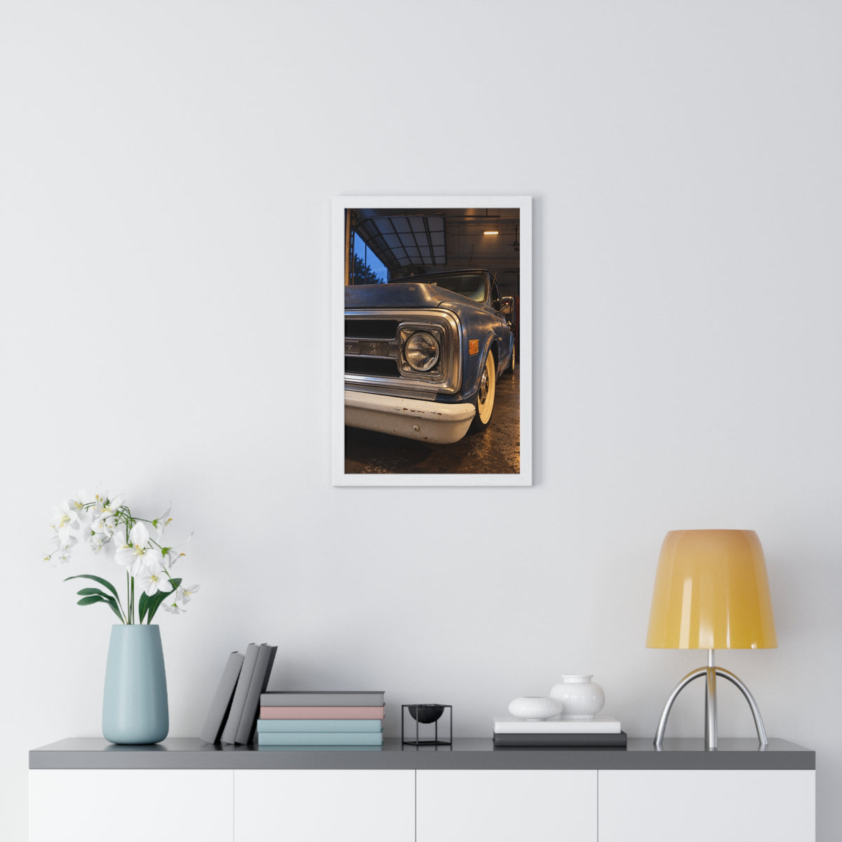 Rare Lab Vintage Blue Truck framed poster: close-up of a classic truck's headlight, bumper and whitewall tire