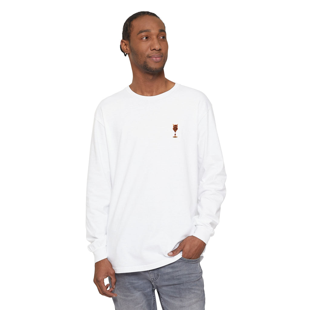 Rare Lab Drip Owl long sleeve tee: Rare Lab owl in glossy amber with an espresso drop, on the left chest