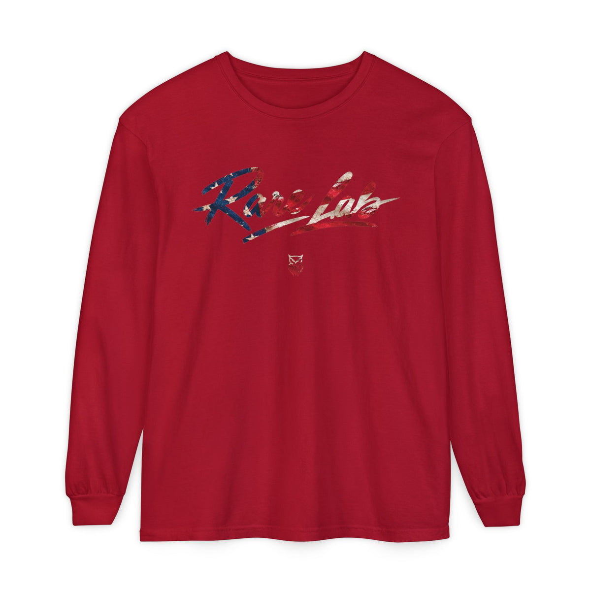 Rare Lab Brush Stroke American Flag long sleeve tee: brush stroke flag script across the chest