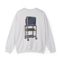 Rare Lab Retro TV Cart crewneck: small owl logo on the chest, faded TV on a rolling cart on the back