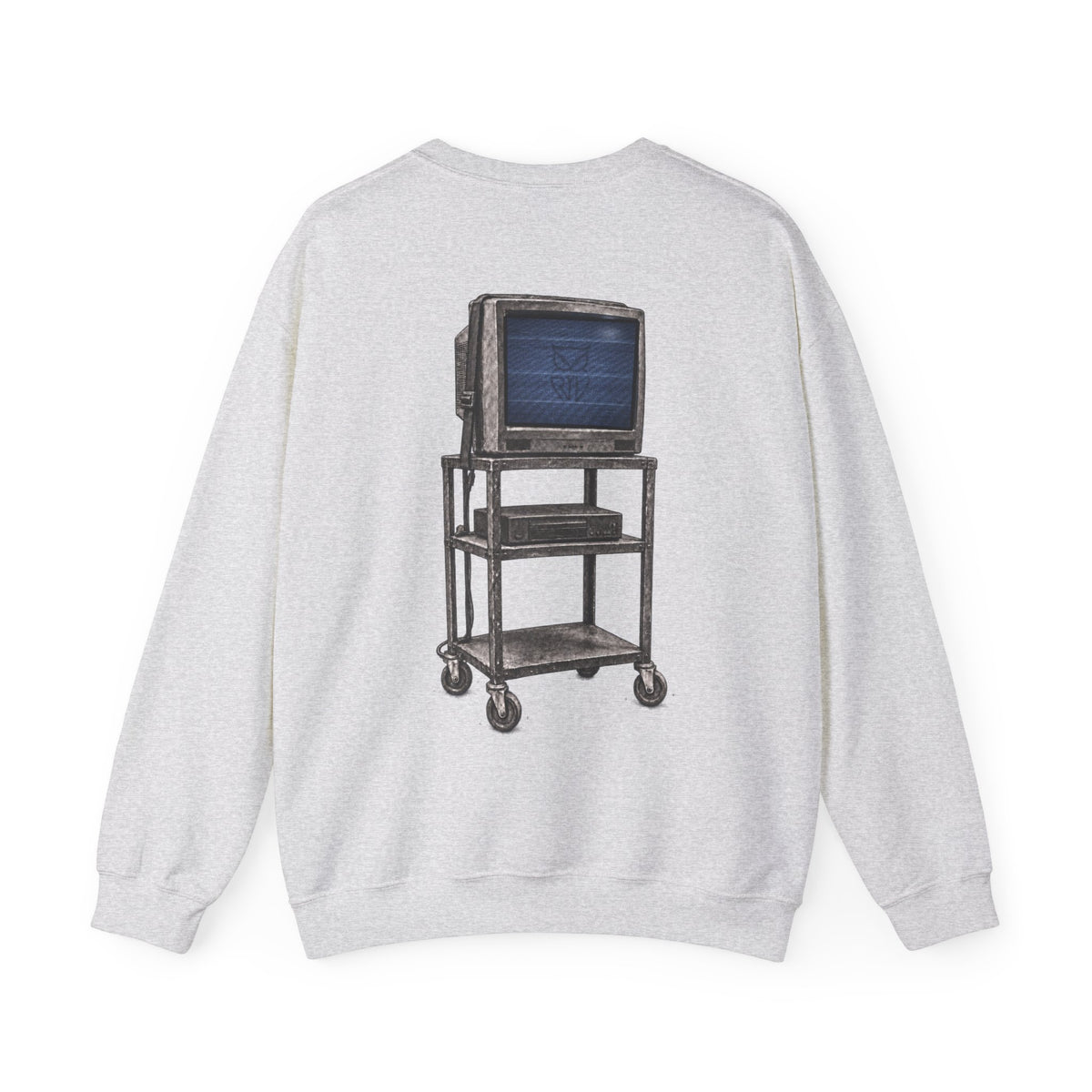 Rare Lab Retro TV Cart crewneck: small owl logo on the chest, faded TV on a rolling cart on the back