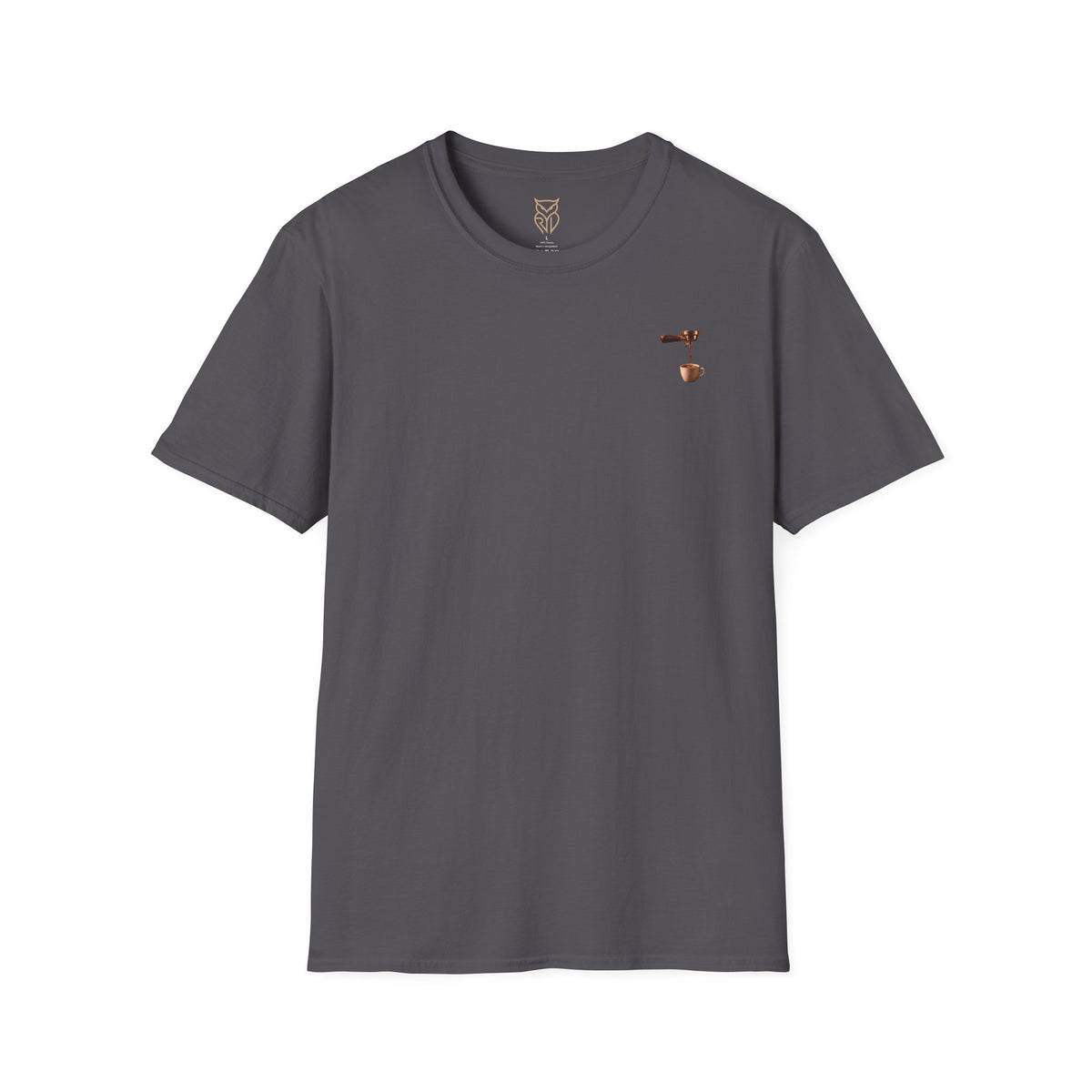 Rare Lab Espresso Drip tee: small Rare Lab Drip espresso design on the chest