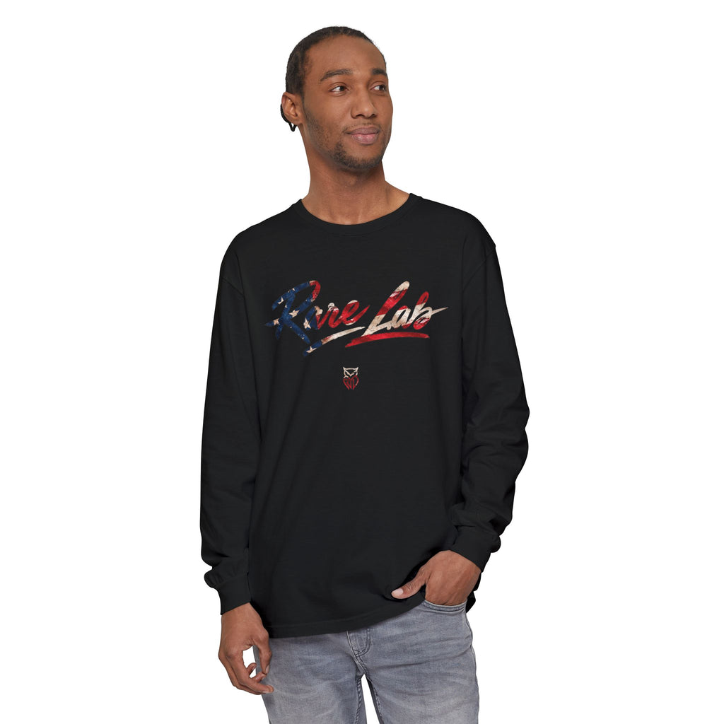 Rare Lab Brush Stroke American Flag long sleeve tee: brush stroke flag script across the chest