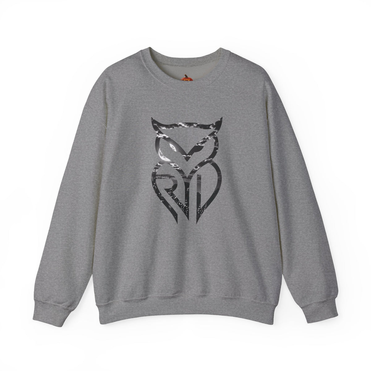 Rare Lab Owl Lantern crewneck sweatshirt: glowing Rare Lab owl jack-o'-lantern on the front, moonlit pumpkin patch scene on the back