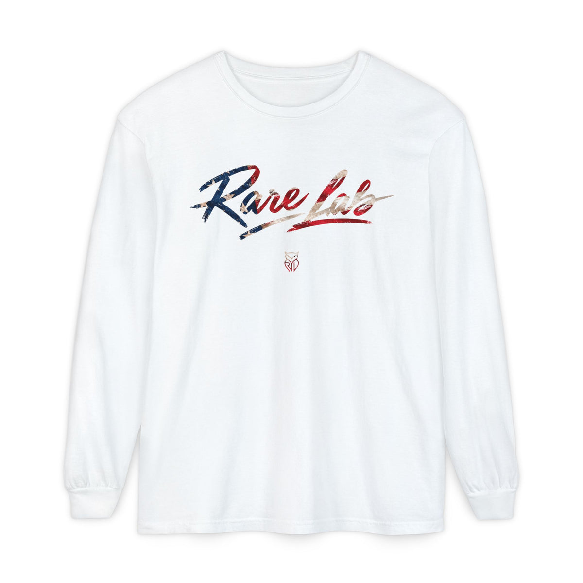 Rare Lab Brush Stroke American Flag long sleeve tee: brush stroke flag script across the chest