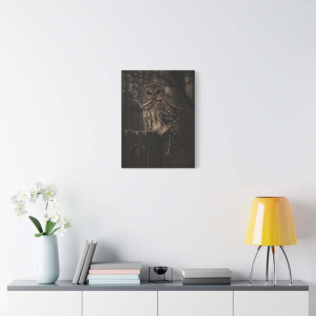 Rare Lab Smoke & Stillness matte canvas: a barred owl on a weathered post with a thin trail of smoke against the dark