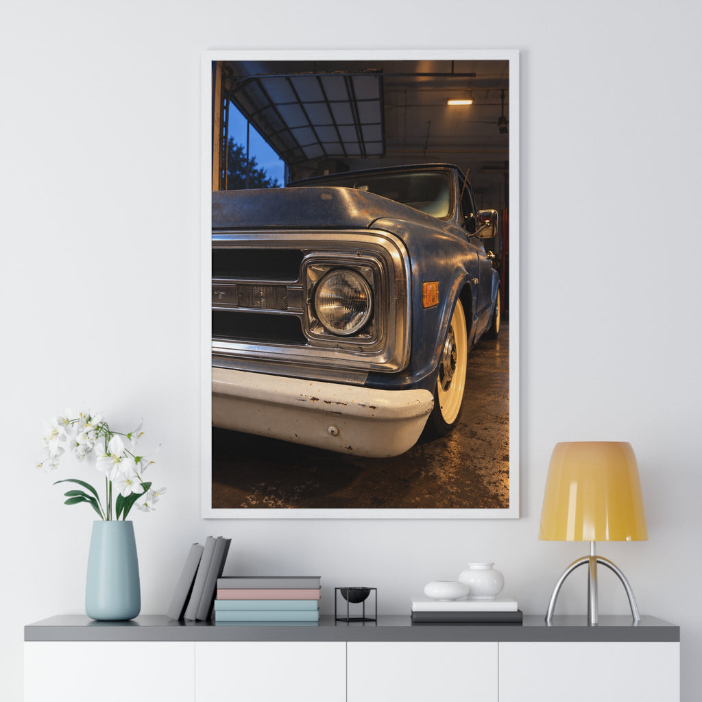 Rare Lab Vintage Blue Truck framed poster: close-up of a classic truck's headlight, bumper and whitewall tire