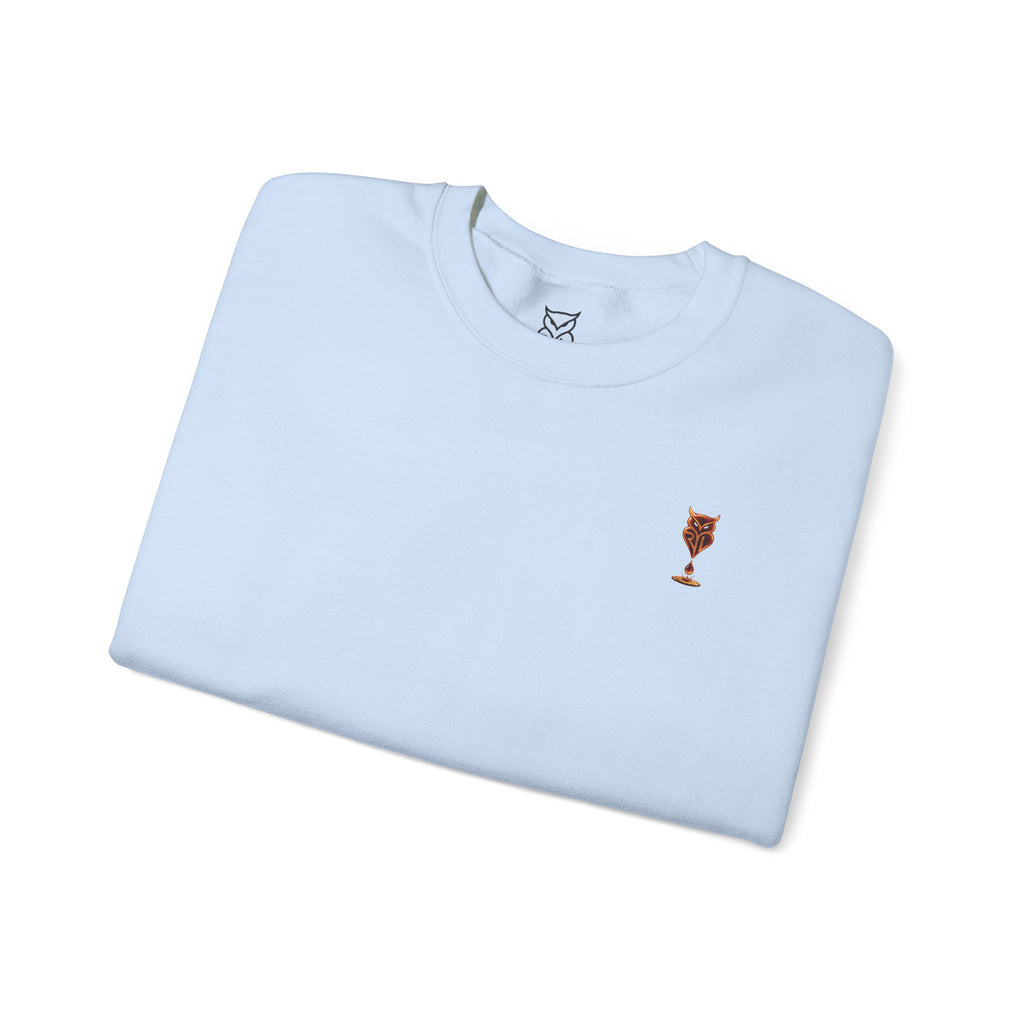 Rare Lab Drip Owl crewneck: Rare Lab owl in glossy amber with an espresso drop, on the left chest