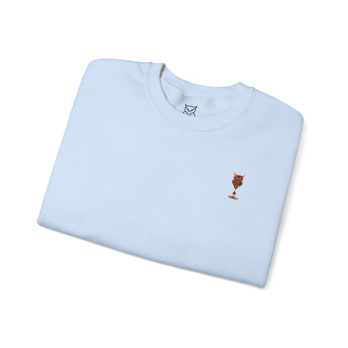 Rare Lab Drip Owl crewneck: Rare Lab owl in glossy amber with an espresso drop, on the left chest