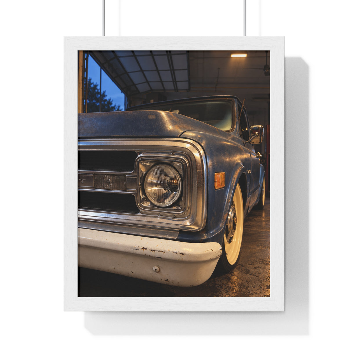 Rare Lab Vintage Blue Truck framed poster: close-up of a classic truck's headlight, bumper and whitewall tire