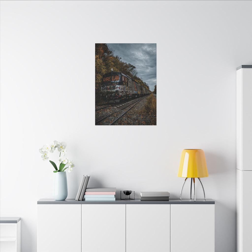Rare Lab Graffiti Train canvas: a graffiti-covered train under a brooding sky with golden autumn trees