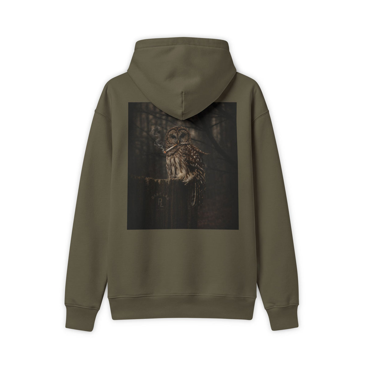 Rare Lab Owl Forest hoodie: shadowy perched owl printed on the back