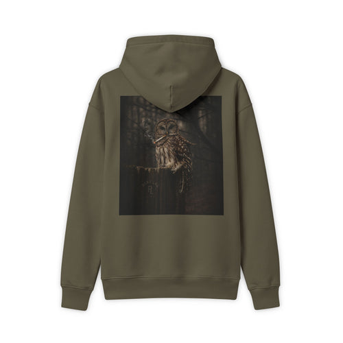 Rare Lab Owl Forest hoodie: shadowy perched owl printed on the back