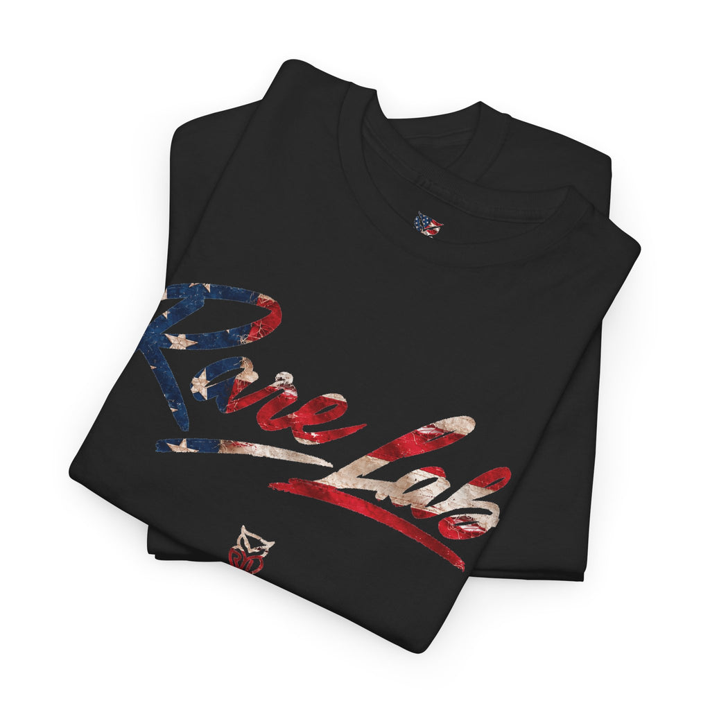 Rare Lab Brush Stroke American Flag tee: faded brush stroke logo in flag colors across the chest