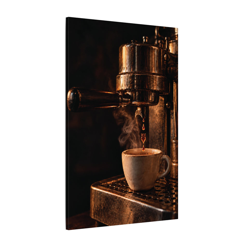 Rare Lab Drip espresso machine canvas: a slow espresso pour and a steaming cup in warm amber tones