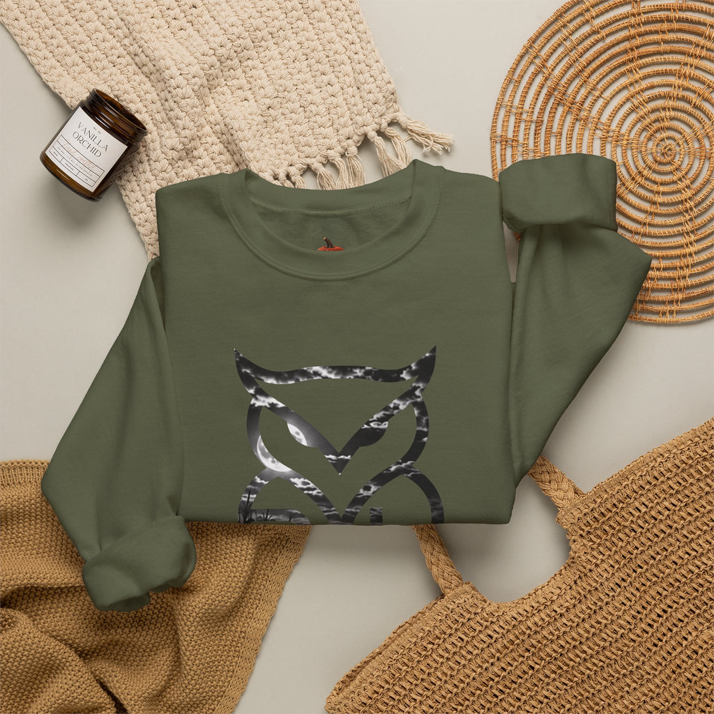 Rare Lab Owl Lantern crewneck sweatshirt: glowing Rare Lab owl jack-o'-lantern on the front, moonlit pumpkin patch scene on the back