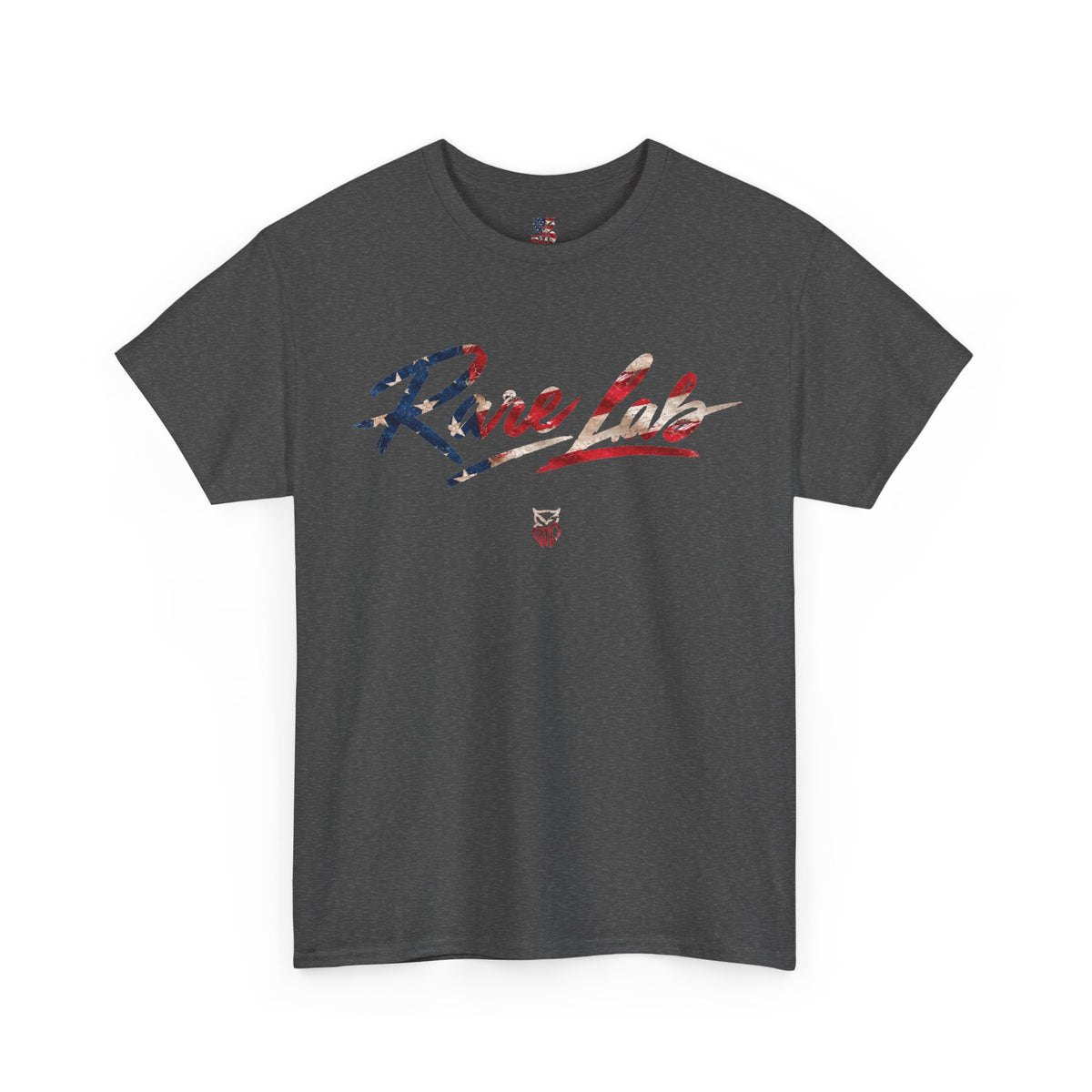 Rare Lab Brush Stroke American Flag tee: faded brush stroke logo in flag colors across the chest