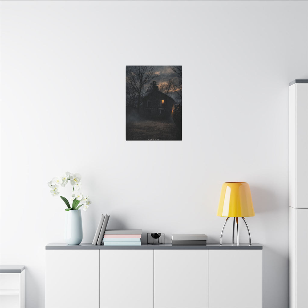 Rare Lab Night Watch canvas: a dark house with one warm window, framed by bare trees at night