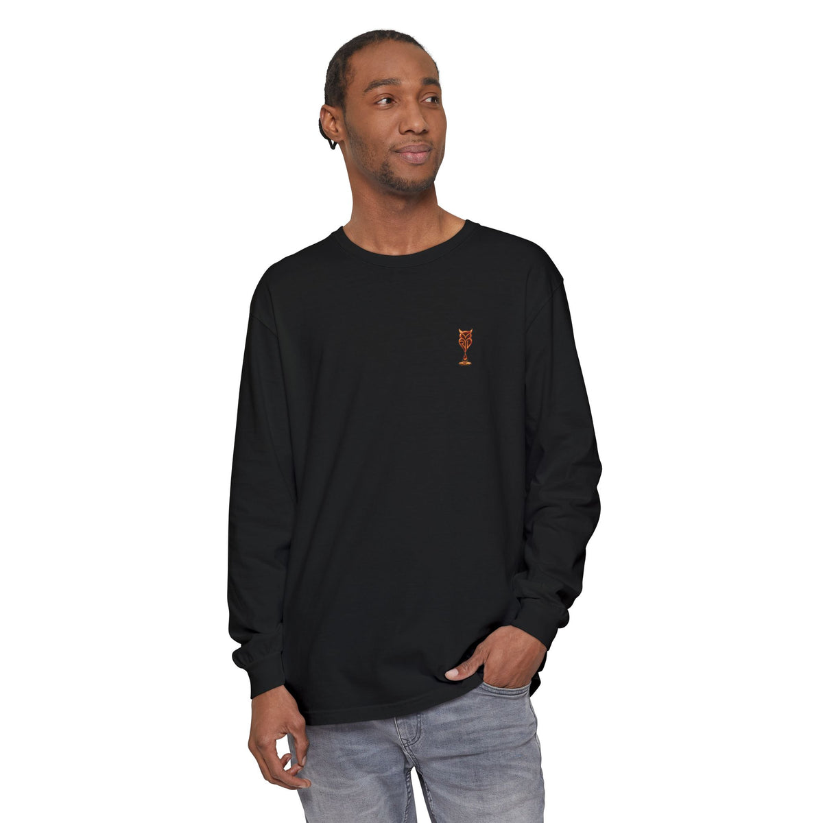 Rare Lab Drip Owl long sleeve tee: Rare Lab owl in glossy amber with an espresso drop, on the left chest