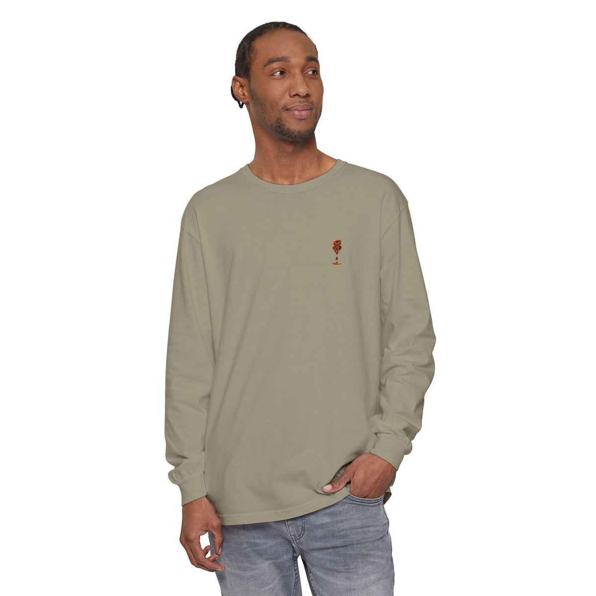 Rare Lab Drip Owl long sleeve tee: Rare Lab owl in glossy amber with an espresso drop, on the left chest