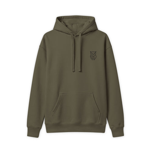 Rare Lab Owl Forest hoodie: shadowy perched owl printed on the back