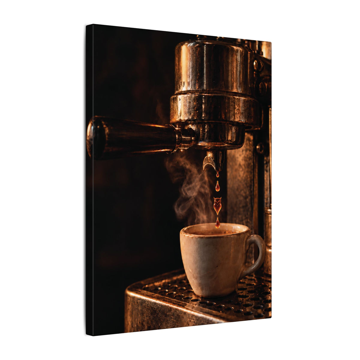 Rare Lab Drip espresso machine canvas: a slow espresso pour and a steaming cup in warm amber tones