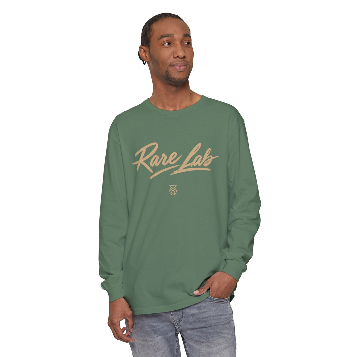 Rare Lab Script Logo garment-dyed long sleeve tee with the Rare Lab script logo