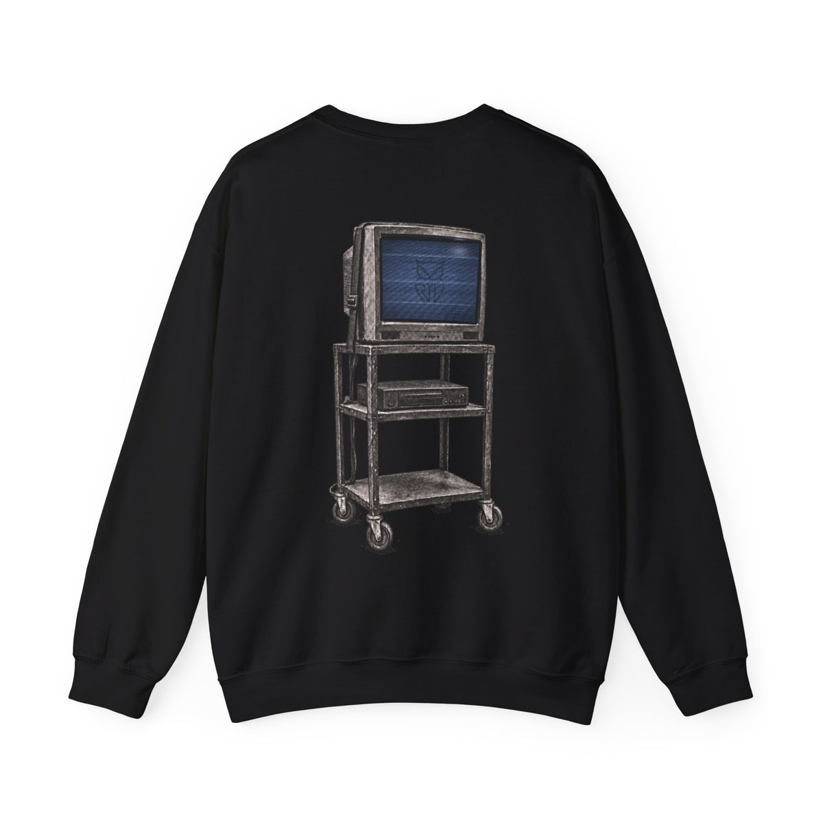 Rare Lab Retro TV Cart crewneck: small owl logo on the chest, faded TV on a rolling cart on the back