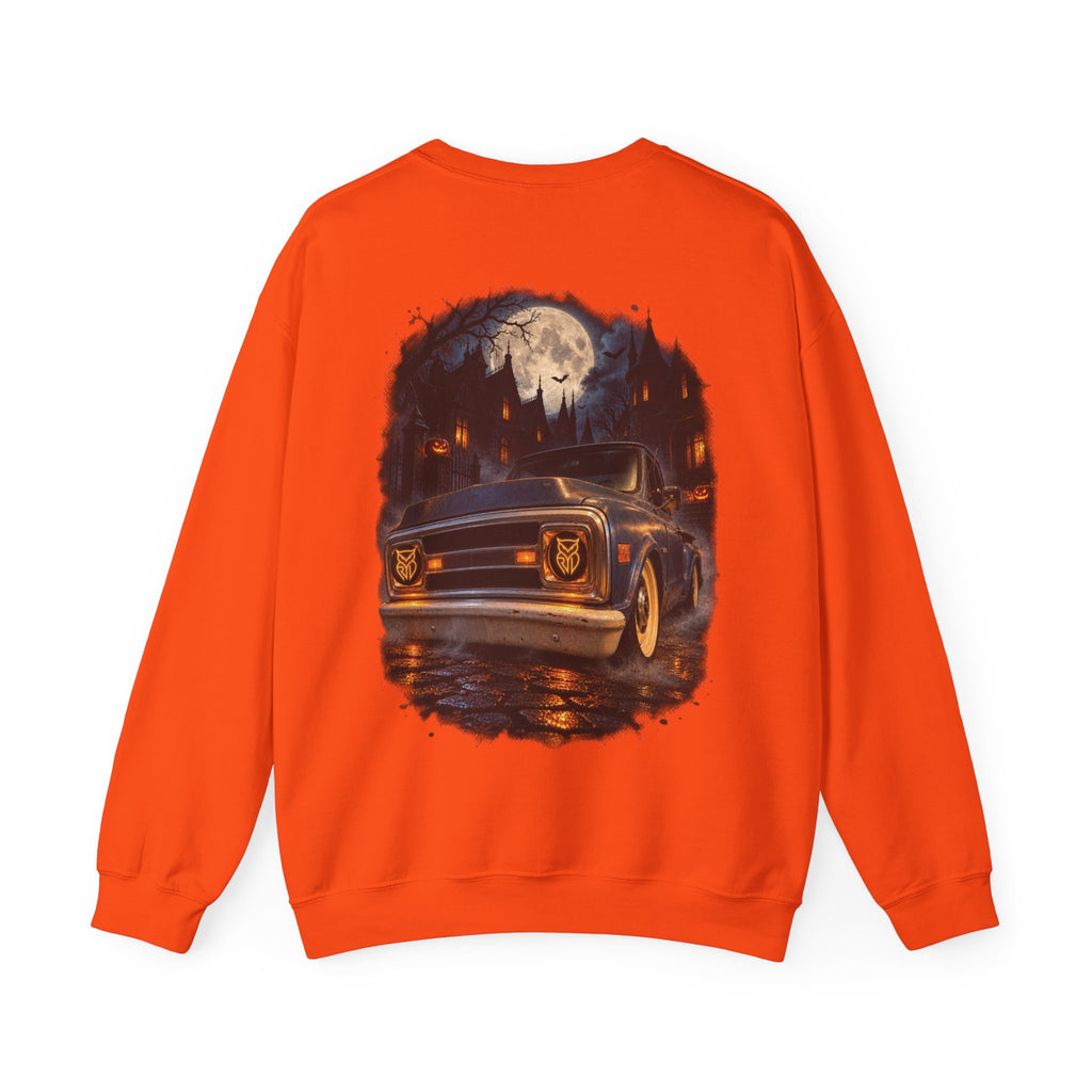 Rare Lab After Dark Midnight crewneck in Ash: small night-sky owl on the chest, C10 truck under a full moon on the back