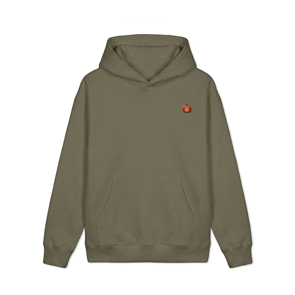 Rare Lab Owl Lantern heavyweight hoodie with a small glowing Rare Lab owl jack-o'-lantern logo on the chest