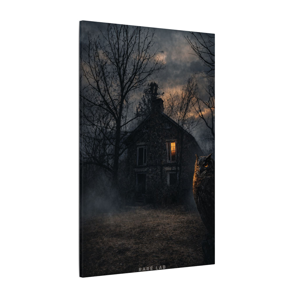 Rare Lab Night Watch canvas: a dark house with one warm window, framed by bare trees at night