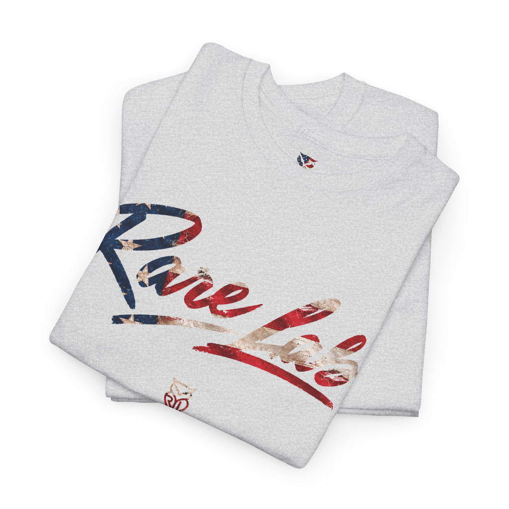 Rare Lab Brush Stroke American Flag tee: faded brush stroke logo in flag colors across the chest