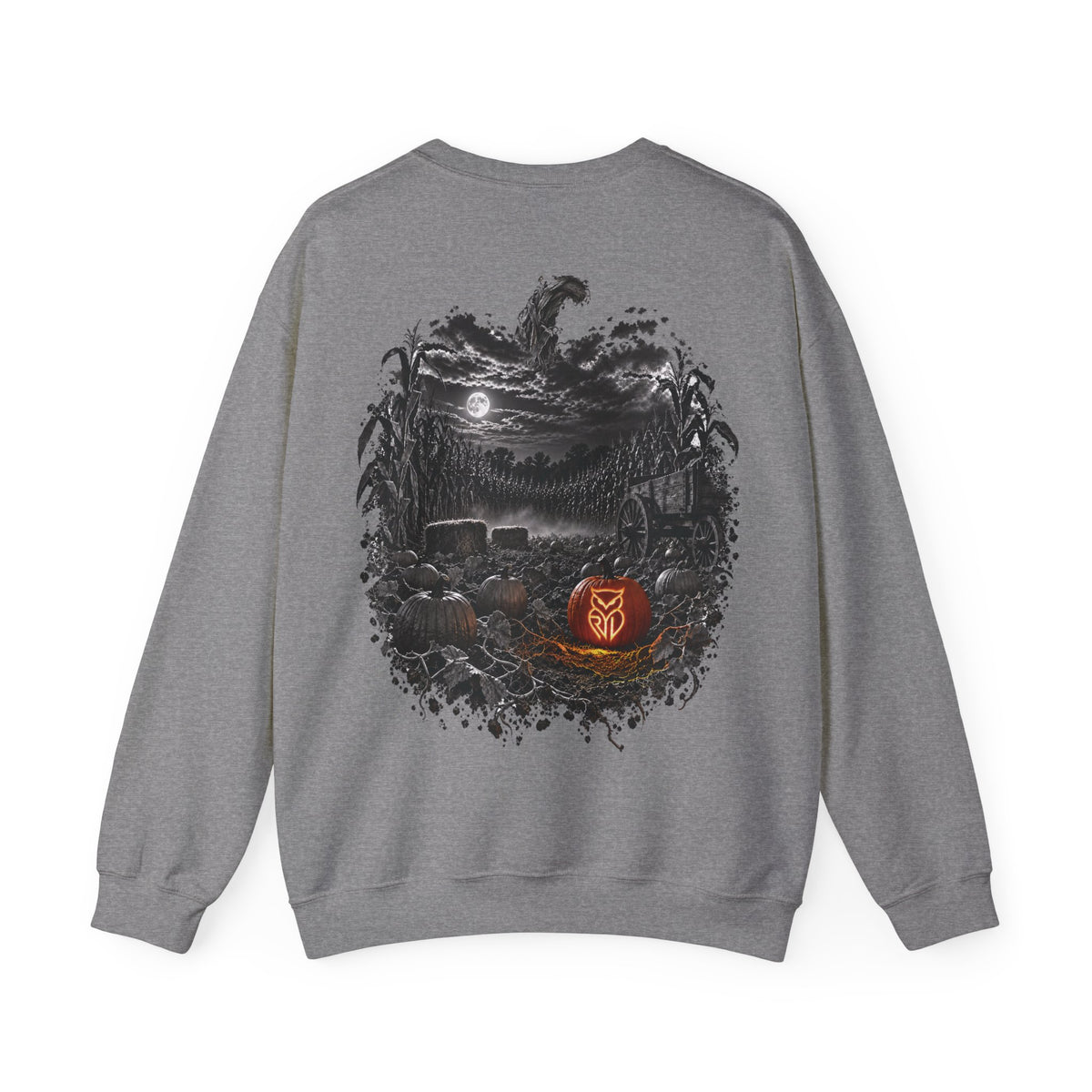 Rare Lab Owl Lantern crewneck sweatshirt: glowing Rare Lab owl jack-o'-lantern on the front, moonlit pumpkin patch scene on the back
