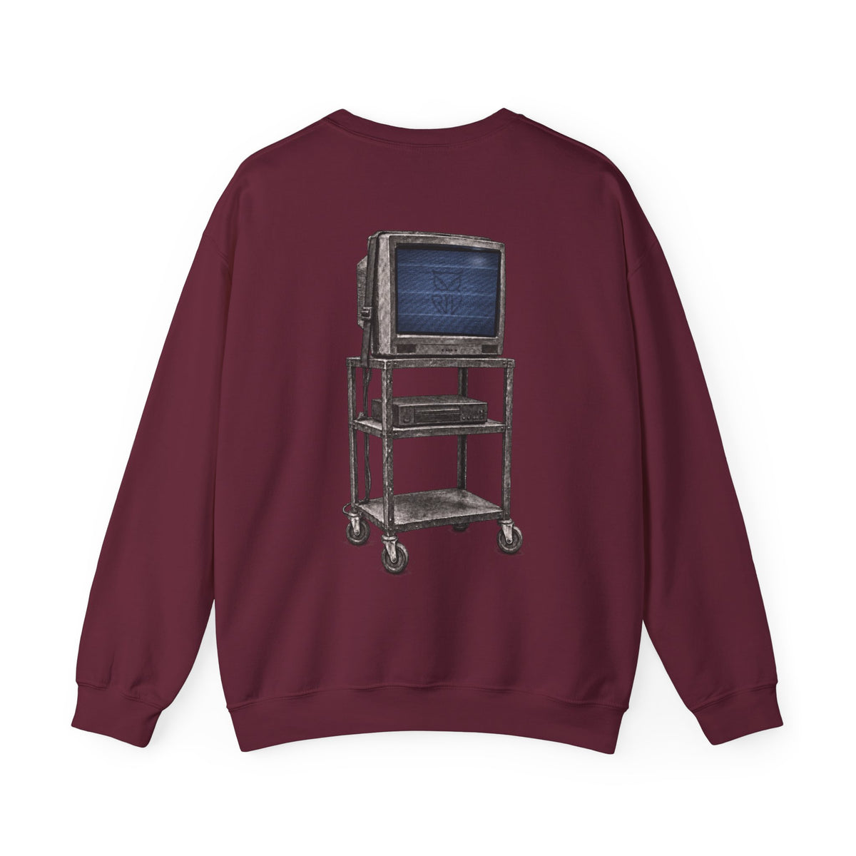Rare Lab Retro TV Cart crewneck: small owl logo on the chest, faded TV on a rolling cart on the back