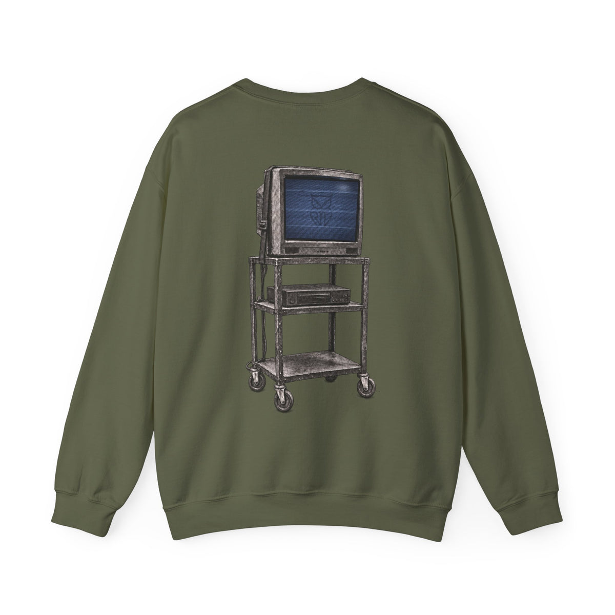Rare Lab Retro TV Cart crewneck: small owl logo on the chest, faded TV on a rolling cart on the back
