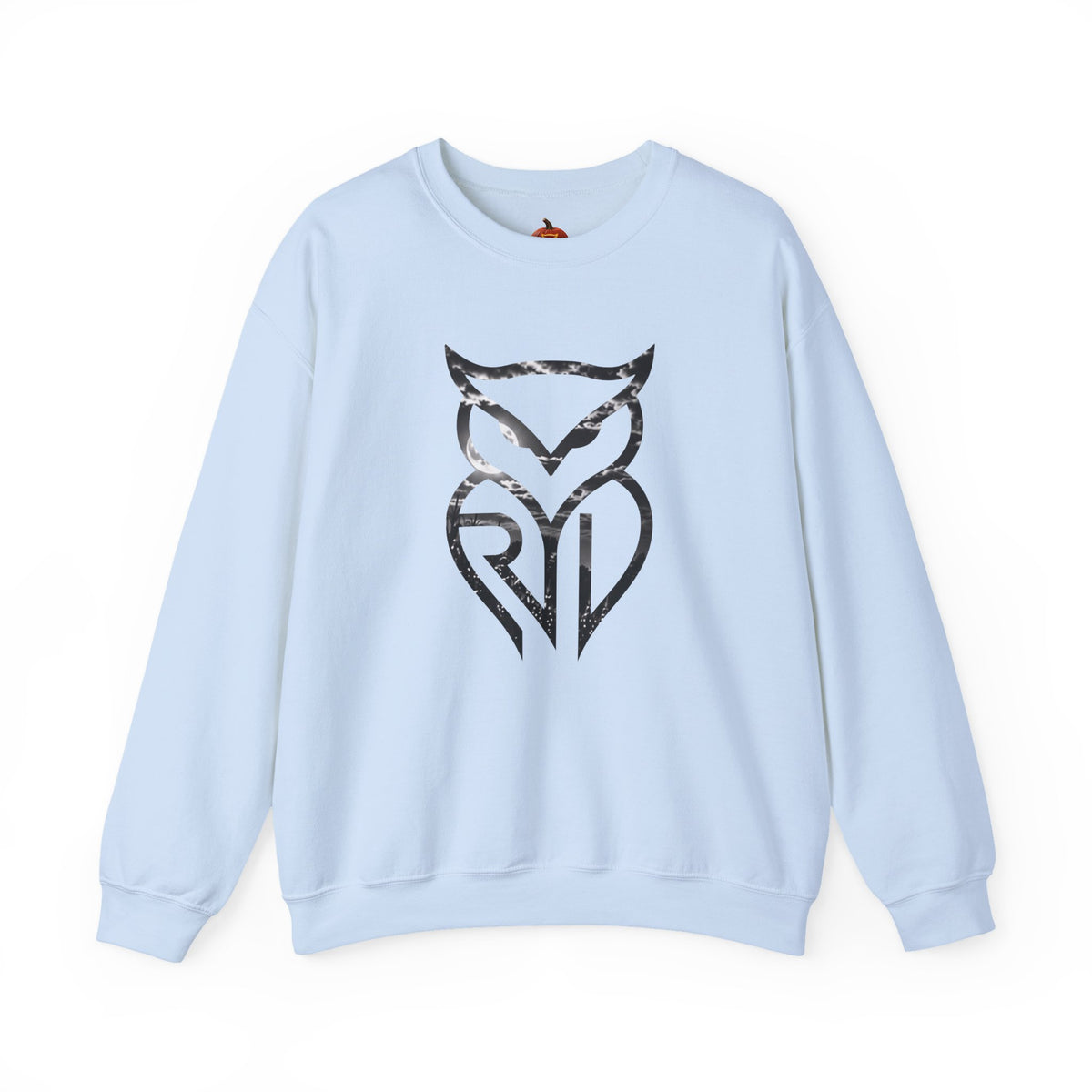 Rare Lab Owl Lantern crewneck sweatshirt: glowing Rare Lab owl jack-o'-lantern on the front, moonlit pumpkin patch scene on the back