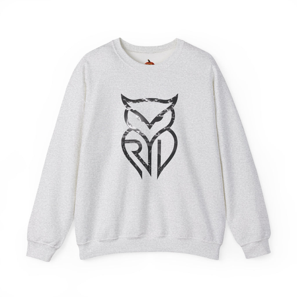 Rare Lab Owl Lantern crewneck sweatshirt: glowing Rare Lab owl jack-o'-lantern on the front, moonlit pumpkin patch scene on the back