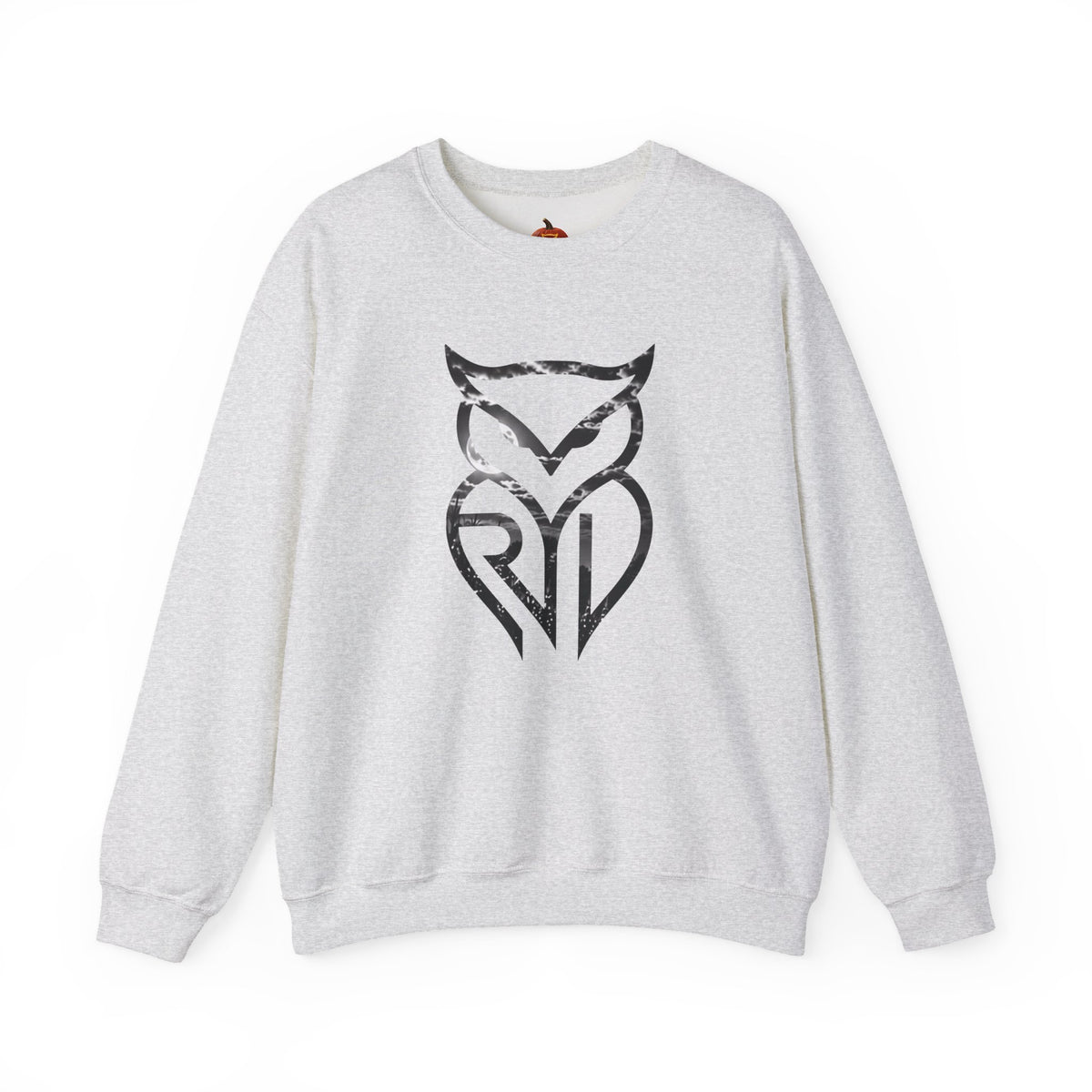 Rare Lab Owl Lantern crewneck sweatshirt: glowing Rare Lab owl jack-o'-lantern on the front, moonlit pumpkin patch scene on the back