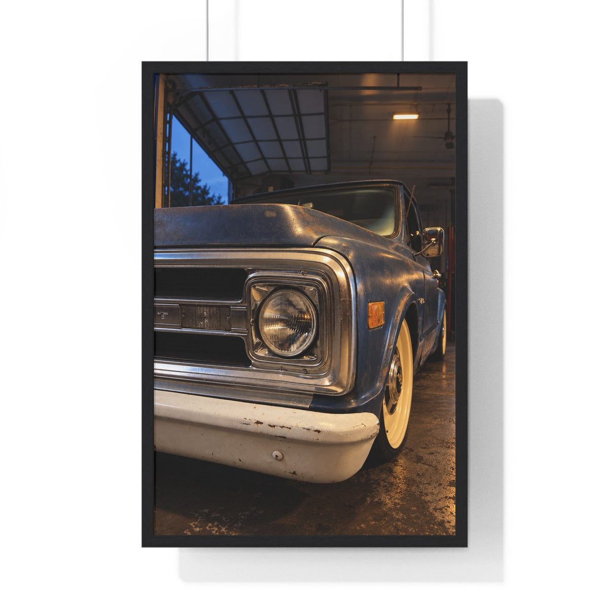 Rare Lab Vintage Blue Truck framed poster: close-up of a classic truck's headlight, bumper and whitewall tire