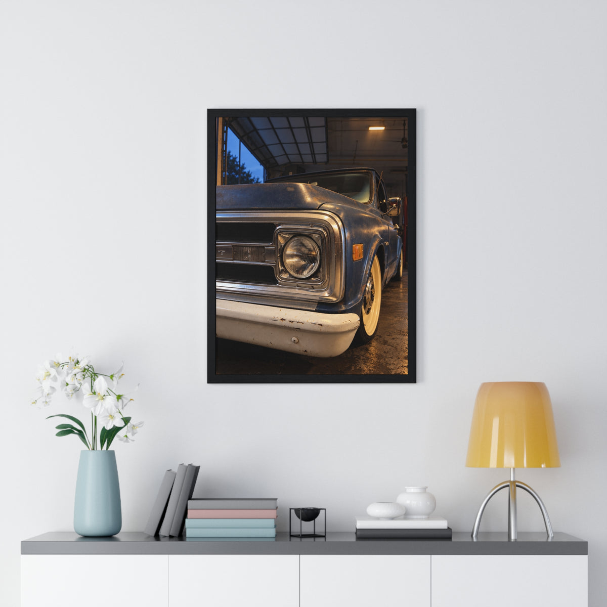 Rare Lab Vintage Blue Truck framed poster: close-up of a classic truck's headlight, bumper and whitewall tire
