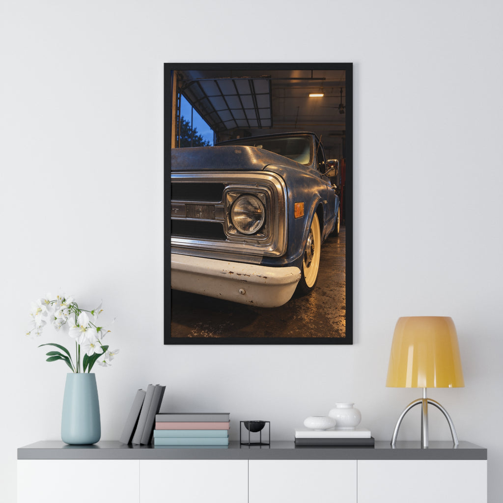 Rare Lab Vintage Blue Truck framed poster: close-up of a classic truck's headlight, bumper and whitewall tire