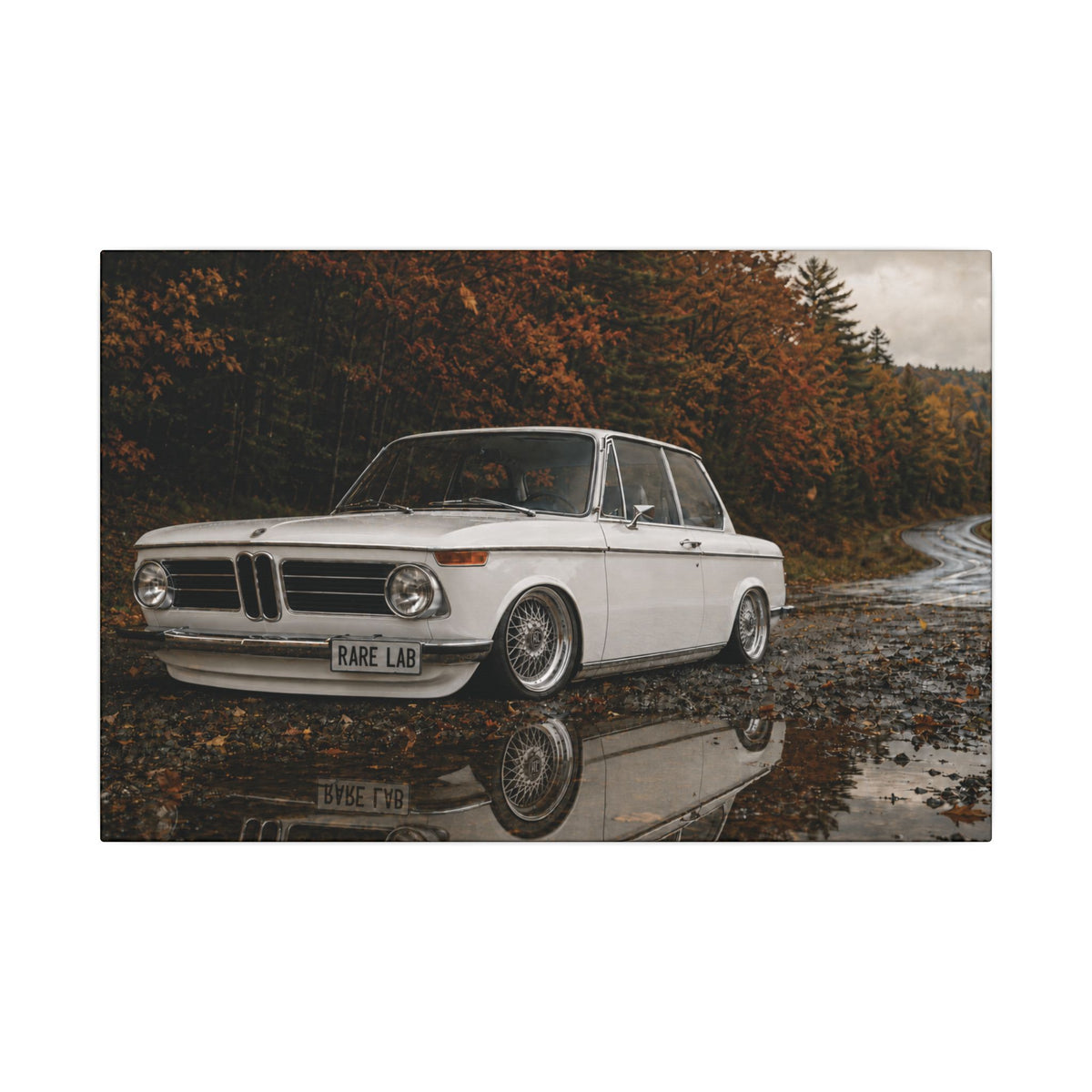 Rare Lab Autumn Ripper canvas: a vintage rally coupe parked by a puddle under autumn trees
